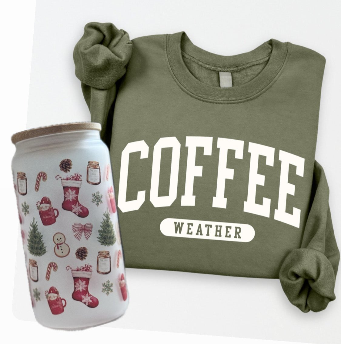 Coffee Weather Green Crewneck and Holiday Coffee Cup